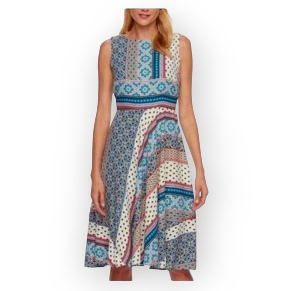 Dana Buchman "Blue Bands" Multicolor Patchwork Print Sleeveless Boho Dress  12 - Picture 1 of 8
